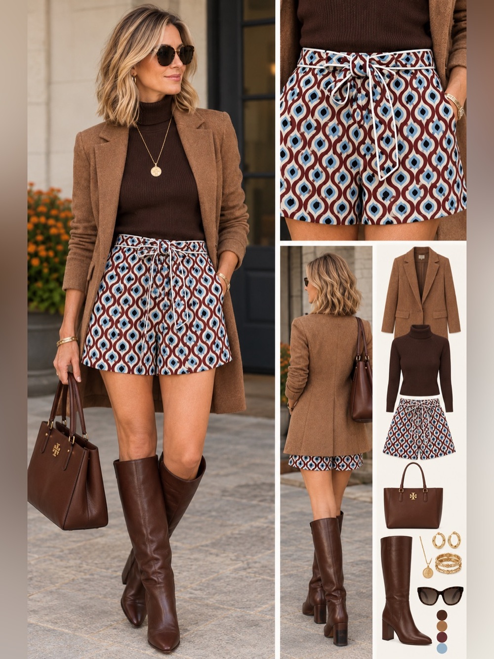 Marella Alima Patterned High-Waist Shorts -Brown Blue Geometric